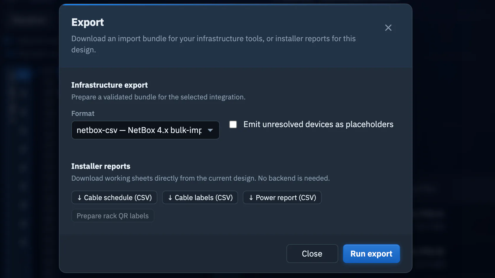 Railyard Export dialog with NetBox bulk-import format, cable schedule, cable labels and power report options
